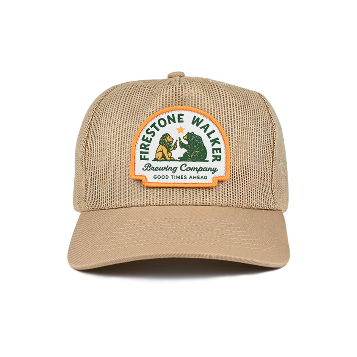 Front view of the tan Firestone Walker Good Times Ahead mesh hat with the gold bordered woven patch centered above the curved bill.