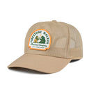 Tan Firestone Walker Good Times Ahead mesh hat at a left angle, with a woven patch featuring a gold border on the front panel.