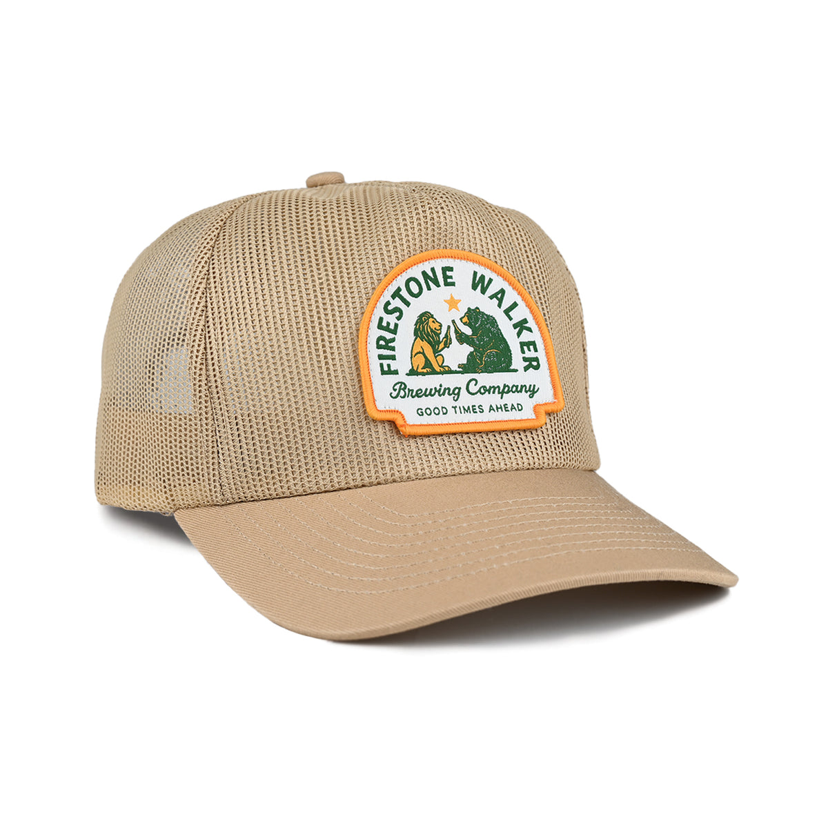 Tan Firestone Walker Good Times Ahead mesh hat at a right angle, showing the front patch, mesh side panels, and curved bill.