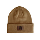 Firestone Walker cuffed beanie, tan knit with brown leather patch logo on the cuff