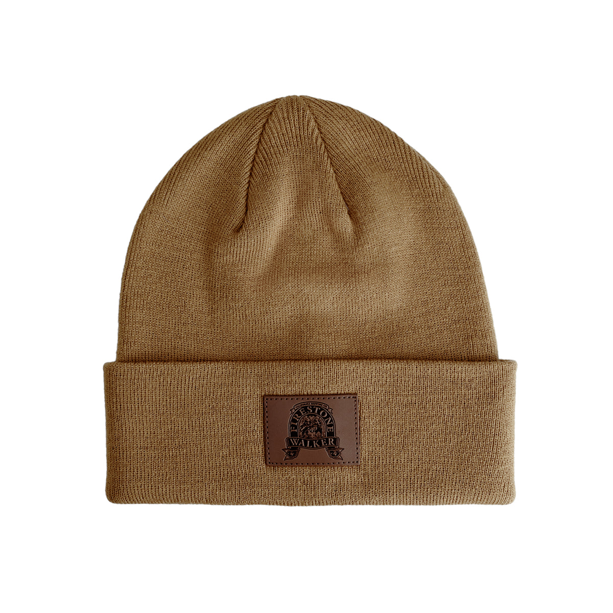 Firestone Walker cuffed beanie, tan knit with brown leather patch logo on the cuff