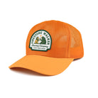Gold Firestone Walker Good Times Ahead mesh hat at a left angle, with a woven Firestone Walker Brewing Company patch on the front panel.